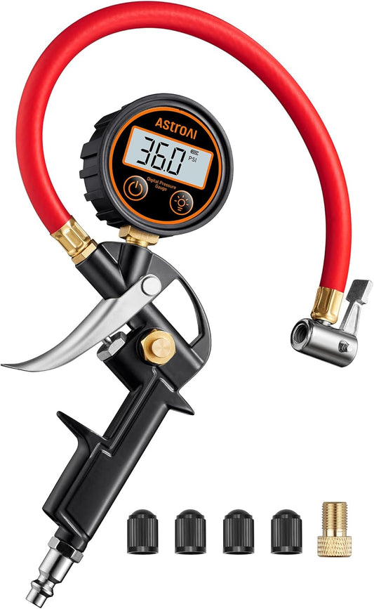 AstroAI T1 Digital Tire Pressure Gauge with Inflator, 3-250 PSI Air Chuck with Pressure Gauge, Heavy Duty with Quick Connect Coupler, Calibrated to ANSI B40.7 Grade 2A
