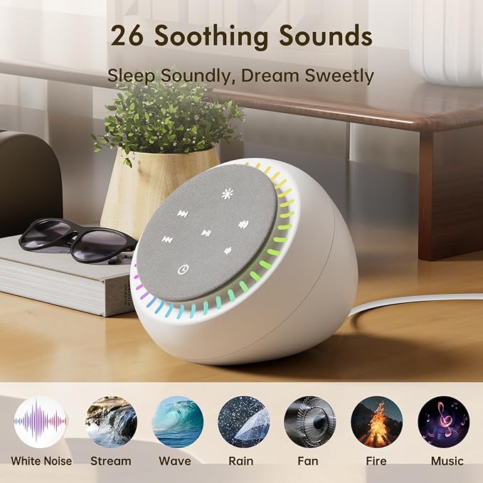 DreamSky White Noise Sound Machine with 26 Soothing Sounds & 30 Level Volume, RGB Night Light, Brown Noise for Sleeping Adults, Baby, Kids Sleep, Auto-Off Timer, USB-C Powered for Home Office Travel