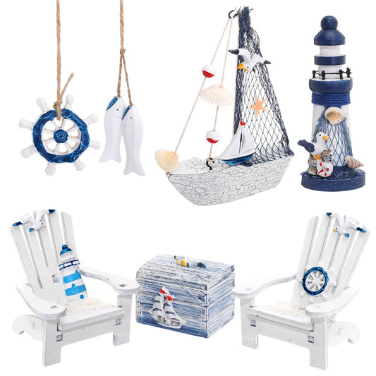 7 Pieces Wooden Box Wooden Lighthouse Mini Sailboat Anchor Fish Hanging Starfish Model Spring Summer Easter Tree Ornament Decoration Aquarium Decor Landscape Tank Ornament Office Mini Garden Landscape