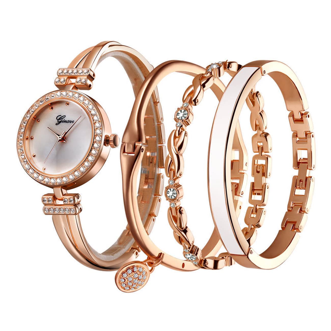 CdyBox Women Crystal Watch with 3 Bracelets Set Quartz Wrist Watches Bangle Jewelry 4pcs/Set for Ladies (Rose Gold White)