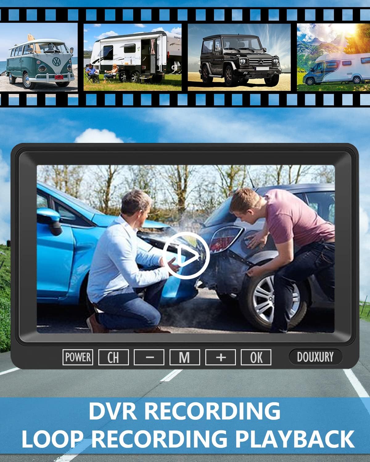 Wireless RV Backup Camera, DOUXURY IP69 Waterproof 170° Wide View Angle HD 1080P Rear View Camera + HD LCD 7" Monitor, Digital Wireless Camera System for RV Truck 5th Wheel Trailer Pickup Camper Bus