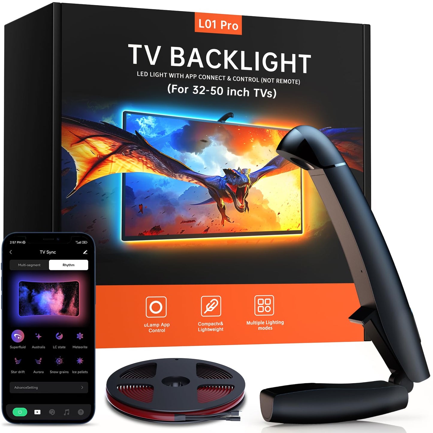 FFJ TV LED Backlight, 14.7ft Cuttable TV Lights That Change with TV for 55-65 Inch Screen and PC Monitor, TV Backlight with Sensor, Smart App Control, Game & Music Sync Color Changing Light