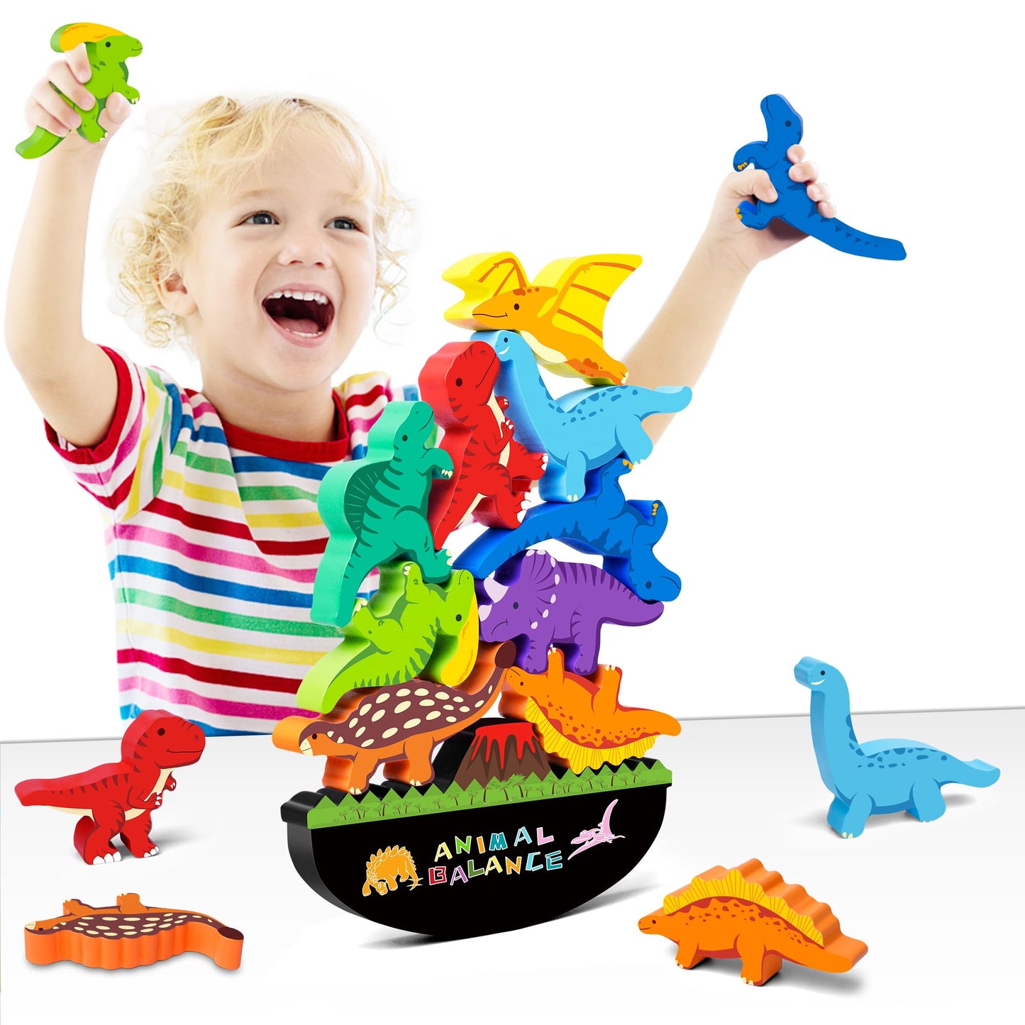 FFTROC Montessori Dinosaur Toys for 2 3 4 Year Old Boys - Wooden Stacking Dinosaur Toys for Kids 2-4 3-5, Toddler Balancing Block Sets