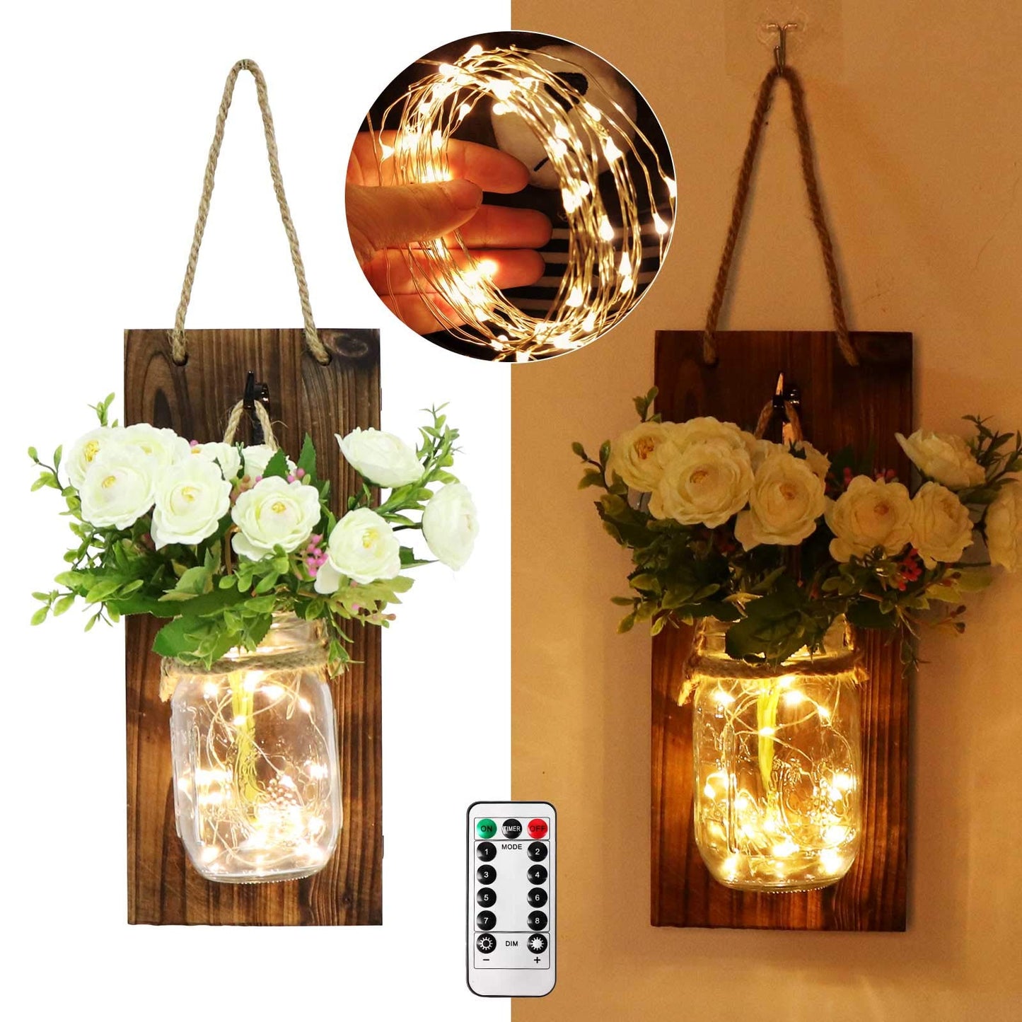 AerWo 2Pcs Mason Jar Sconces Wall Decor, Handmade Rustic Sunflower Wall Decor with LED Fairy Lights and Flowers, Hanging Mason Jar for Farmhouse Kitchen Decorations Living Room Lights