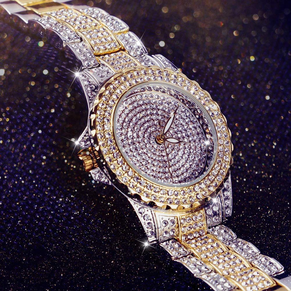 Smalody Round Luxury Women Watch Crystal Rhinestone Diamond Watches Stainless Steel Wristwatch Iced Out Watch with Japan Quartz Movement for Women | Simulated Lab Diamonds (Mix Gold)