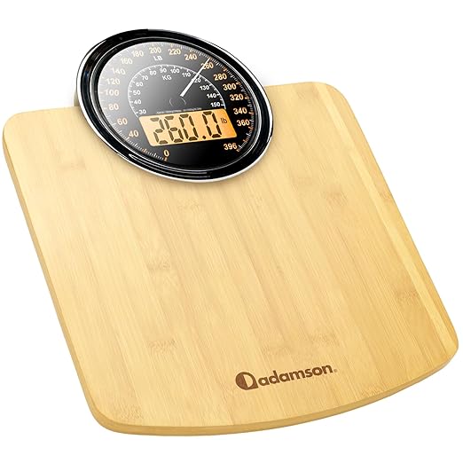 Adamson Hybrid 2-in-1 Analog & Digital Weighing Scale for Body Weight up to 400lbs + Thick Tempered Glass + Extra Large Display + Easy to Read Digital Bathroom Scale + New - Wood