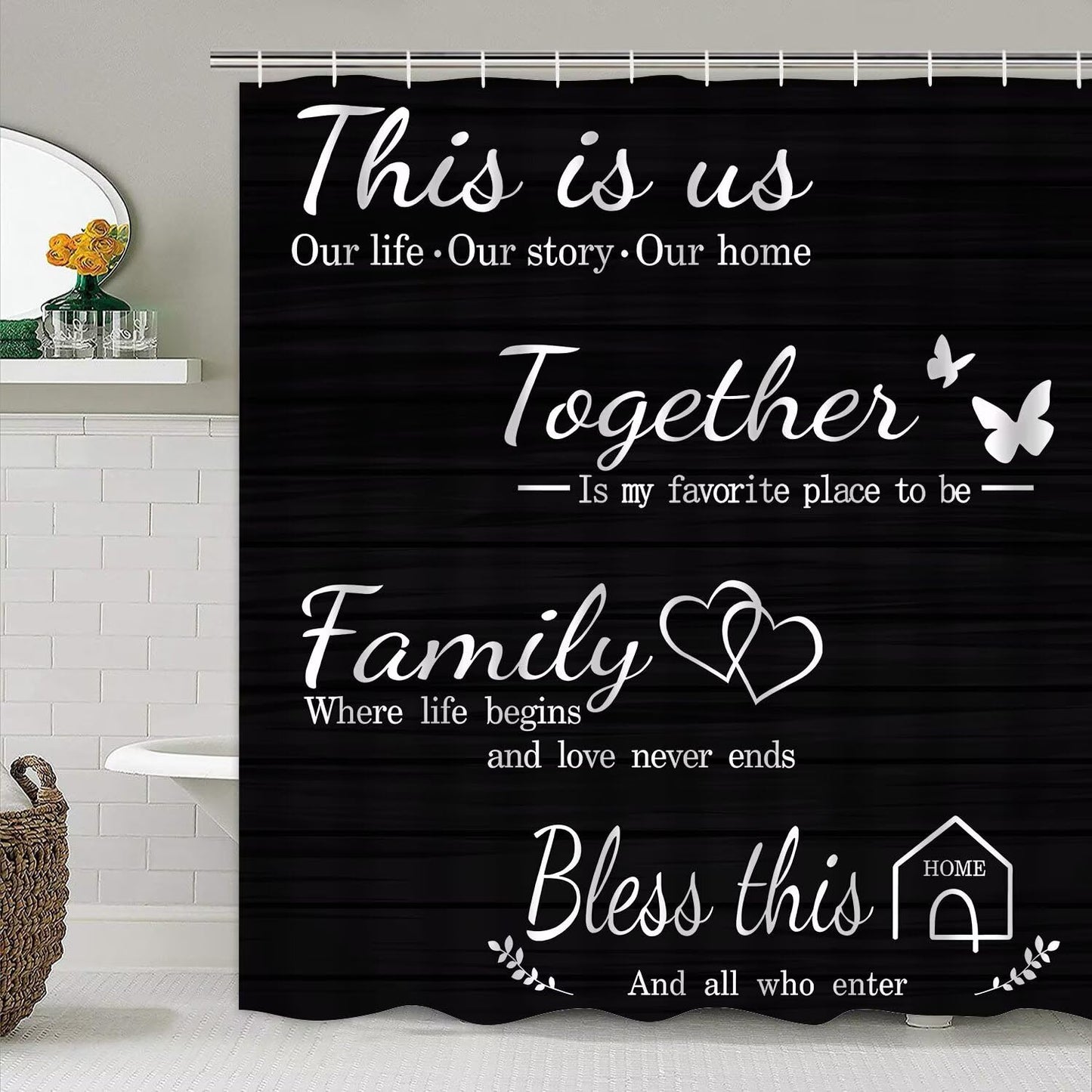 AZHM Family Shower Curtain Set Black Home Bathroom Set with Shower Curtain and Rugs and Accessories Bathroom Decor Curtain with 12 Hooks