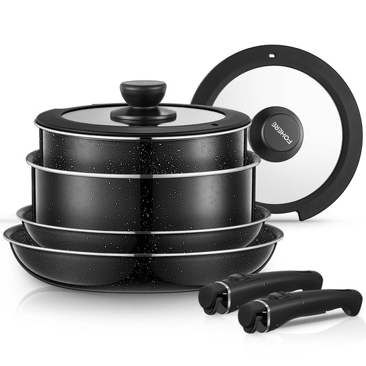 FOHERE 8pcs Pots and Pans Set with 2 Detachable Handles, Aluminum Nonstick Cookware Set, Induction Pan Set, RV Cookware Set, Oven Safe, Stackable