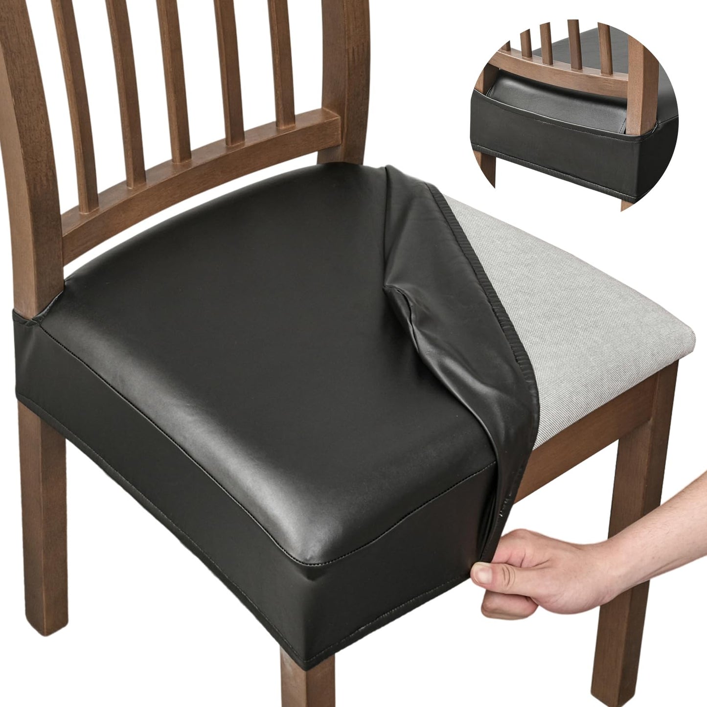 NILUOH Waterproof Seat Covers for Dining Room Chairs Set of 4, Pu Leather Chair Seat Slipcovers Dining Chair Cover Removable Washable Chair Protctor Cover, Rear Covers (PU-Black)