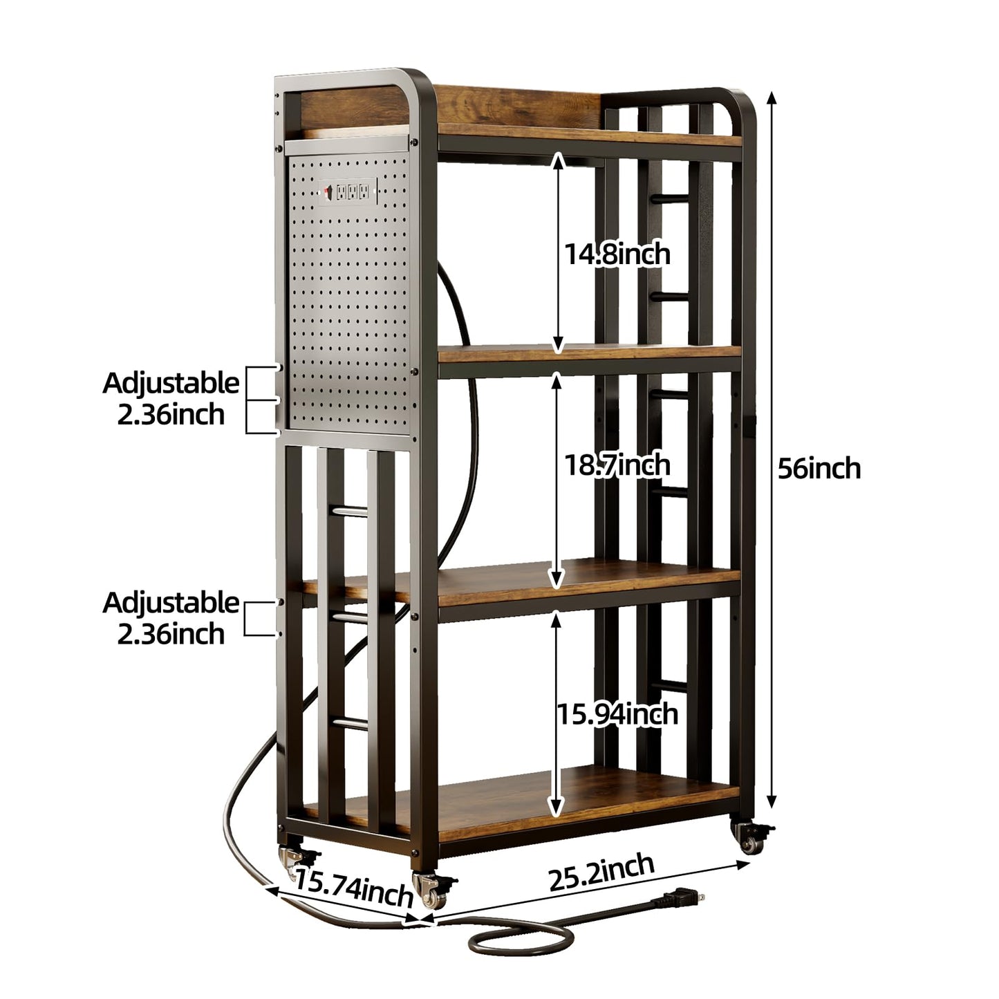 Kitchen Bakers Rack with Power Outlet,With pegboard Bakers Racks,Microwave Oven Stand with Storage 4 Tiers,microwave stand， for Living Room, Dining Room, Coffee Bar(Rustic Brown, 15.75x25.2x55)