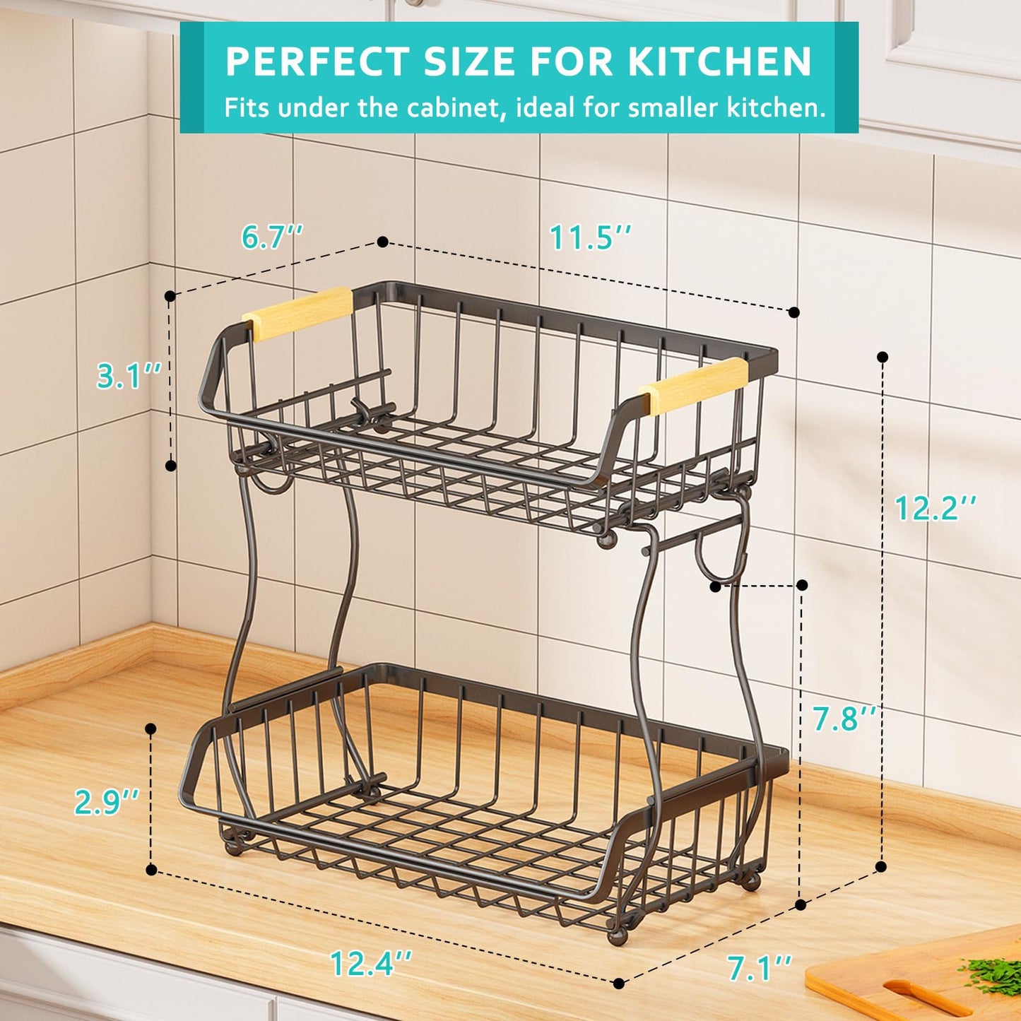 ANTOPY 2 Tier Fruit Basket with 2 Banana Hangers, Detachable Countertop Fruit Bowls for Kitchen Counter, Metal Wire Fruit Vegetable Storage Holder Stand with Wooden Handles for Bread, Snacks, Veggies