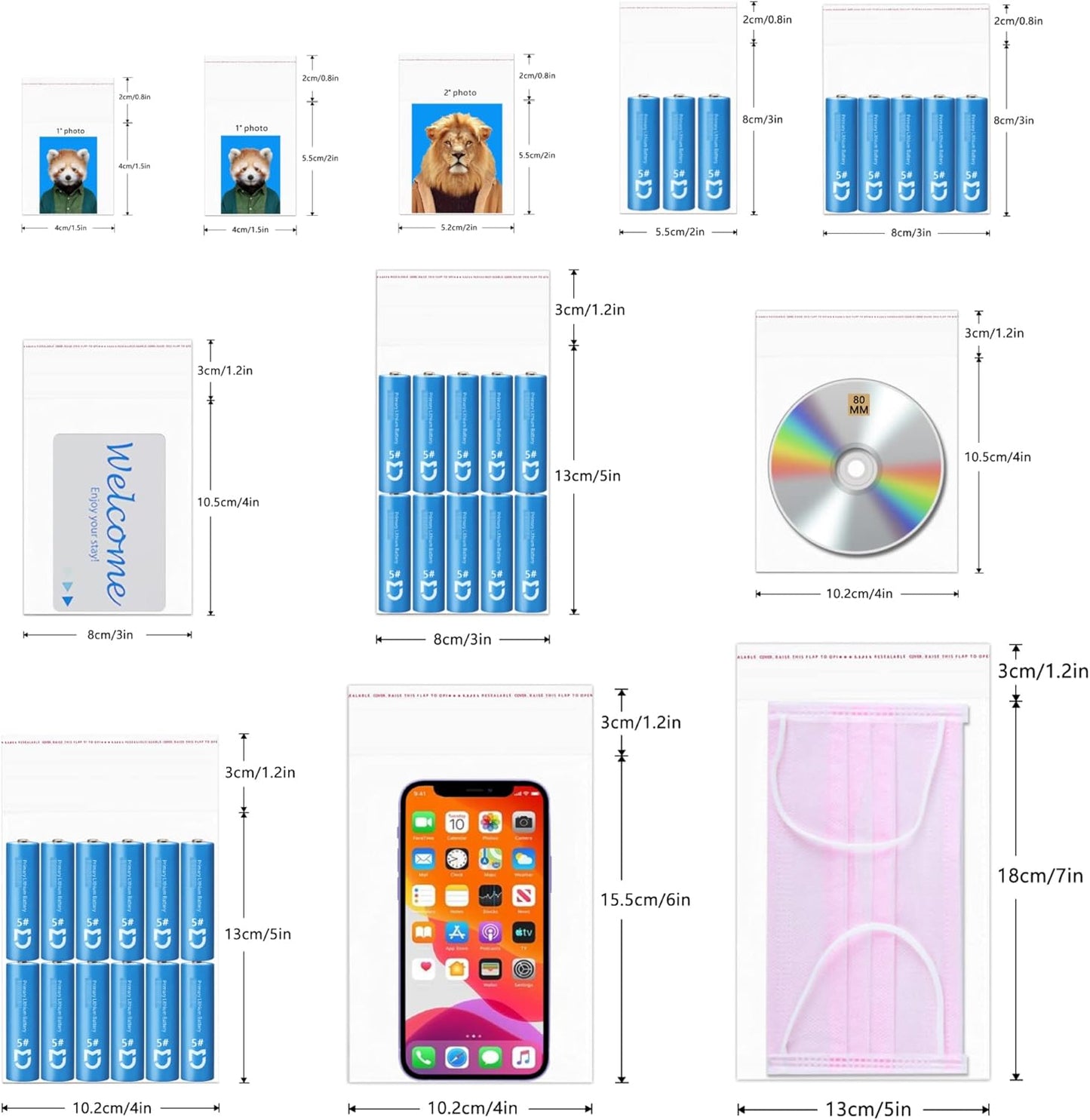 Clear Cello Bags 300pcs 2x3" Self-Sealing Plastic Cellophane Bag 1mil Resealable Adhesive Seal Poly Bags for Jewelry Crafts Candies Cookies Bakery Party Favors Candles (12 Sizes to Choose from)