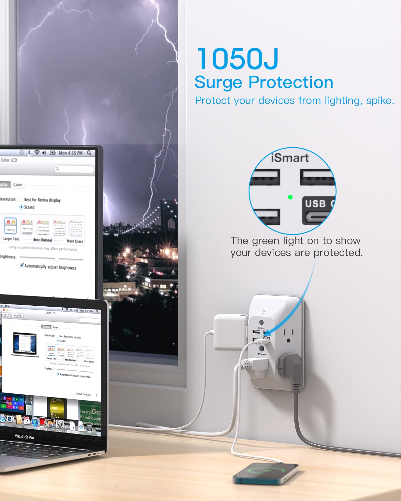 Outlet Extender with Night Light, HANYCONY Multi Plug Outlet, USB Wall Charger Surge Protector 4 USB Ports(1 USB C), Power Strip Electrical Outlet Splitter Expander for Home Office Dorm Room, ETL