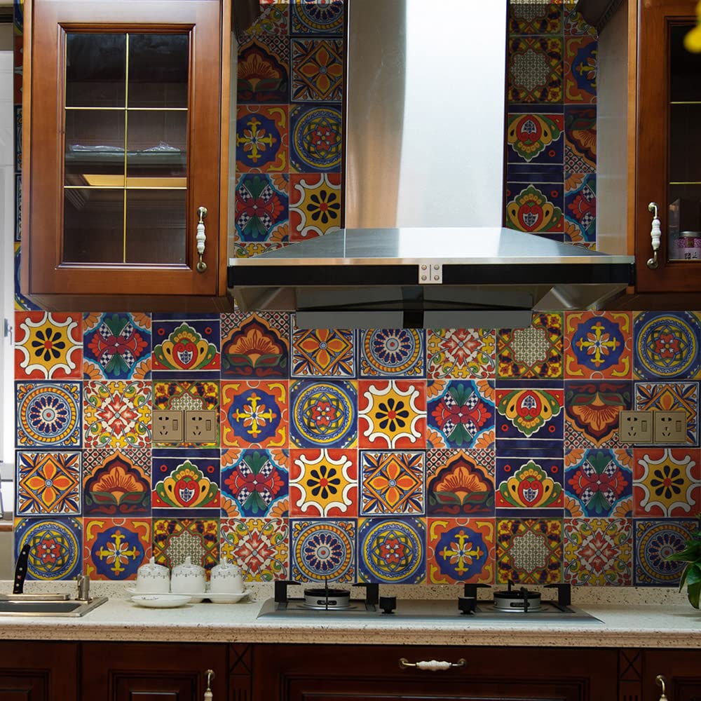 20 Pcs 4"×4" Tile Stickers Peel and Stick, Self Adhesive Waterproof Removable Mandala Style Tiles Backsplash for Kitchen Bathroom Furniture Staircase DIY Home Decor (4"×4", TS295)