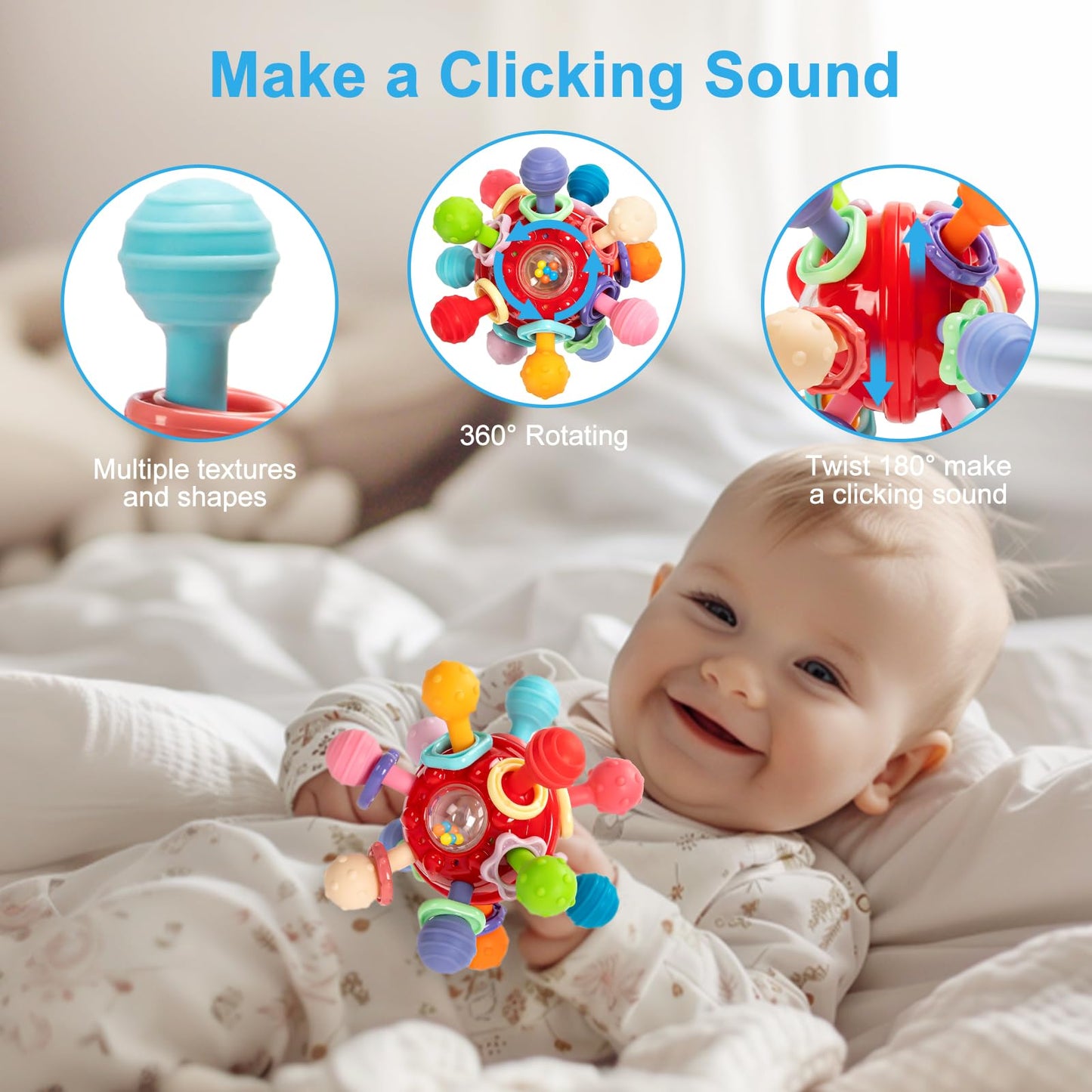 Baby Teething Toys, Baby Teethers Montessori Sensory Toys for 0-6 6-12 Months, Gifts for 1 Year Old Boys Girls Infant Newborn 0 3 6 9 12 18 Months Toys- Red