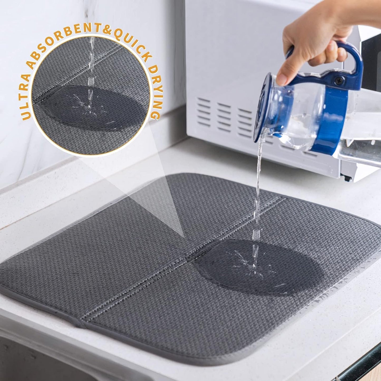 2 Pack Dish Drying Mat for Kitchen Counter, Absorbent Microfiber Dishes Drainer Mats Large Size Dish Drying Pad for Countertop, Rack, Sink,16 x24 inches