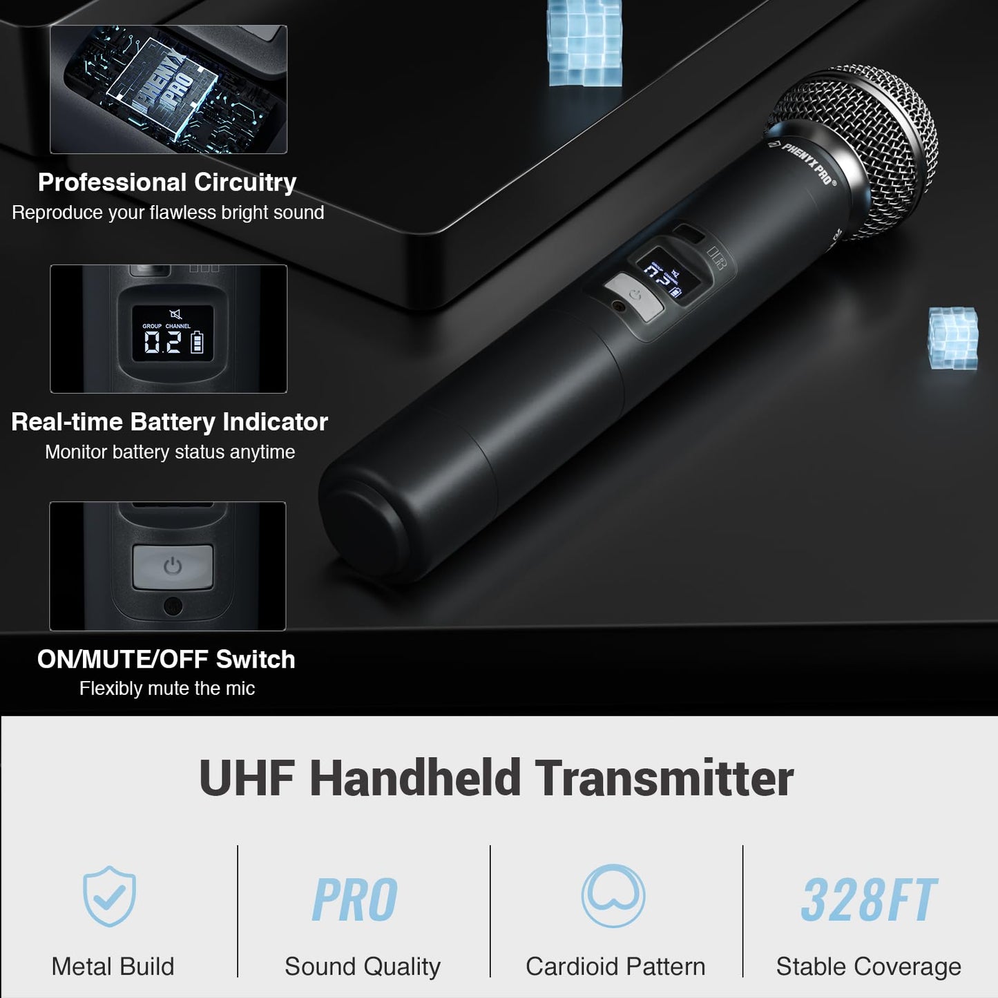 Phenyx Pro Wireless Microphone System, Quad Channel Wireless Mic, w/ 4x40 UHF Frequencies, Auto Scan, 328ft Long Range, 4 Handheld Dynamic Microphone for Singing, Church, Karaoke (PTU-7000-4H)