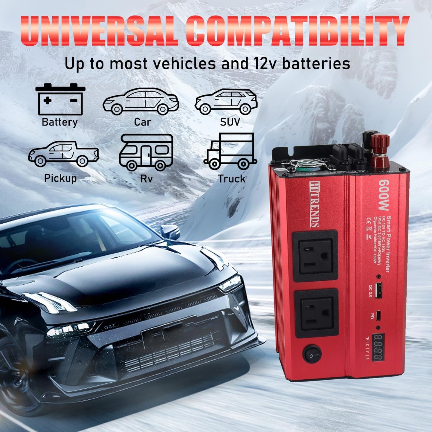 HITRENDS 600W Car Inverter, 12V DC to 110V AC, with 2 AC outlets, USB QC (18W) and Type-C (30W), Perfect for Camping, RVs, laptops, CE, FCC, ROHS Certified