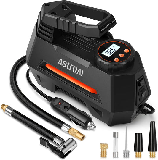 AstroAI Tire Inflator Portable Air Compressor Tire Air Pump for Car Tires - Car Accessories, 9.8Ft 12V DC-Powered Auto Pump with Digital Pressure Gauge, LED Light for Bicycle, Balloons, Orange