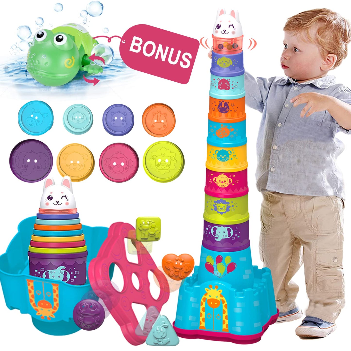 LTKFFFdp Baby Stacking Toys for Toddler 1-3, Nesting Cup Shape Sorter for Infant 6 to 12-18 Month, Learning Stackable Block, Birthday Gift for Girl Boy 9 Month