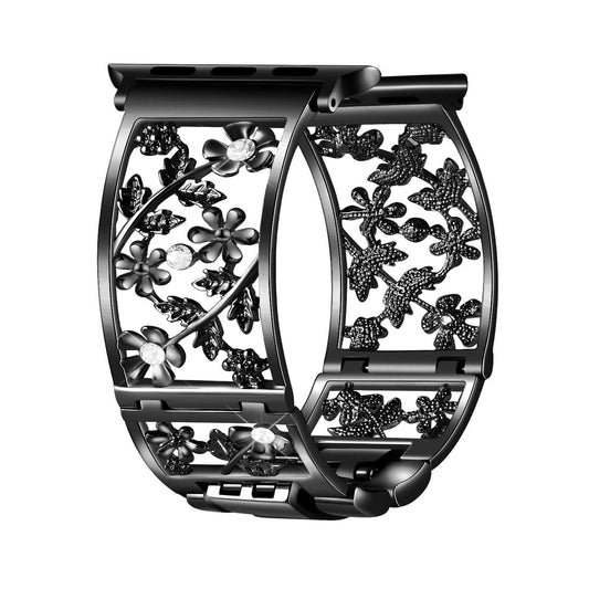 Duoan Floral Band Compatible with Apple Watch Jewelry Band 38mm 40mm 41mm 42mm iWatch Bands Series 10 9 8 7 6 SE,Bling Crystal Bracelet Hollow Metal Strap,Fashion Women Wristband(38/40/41/42mm,Black)