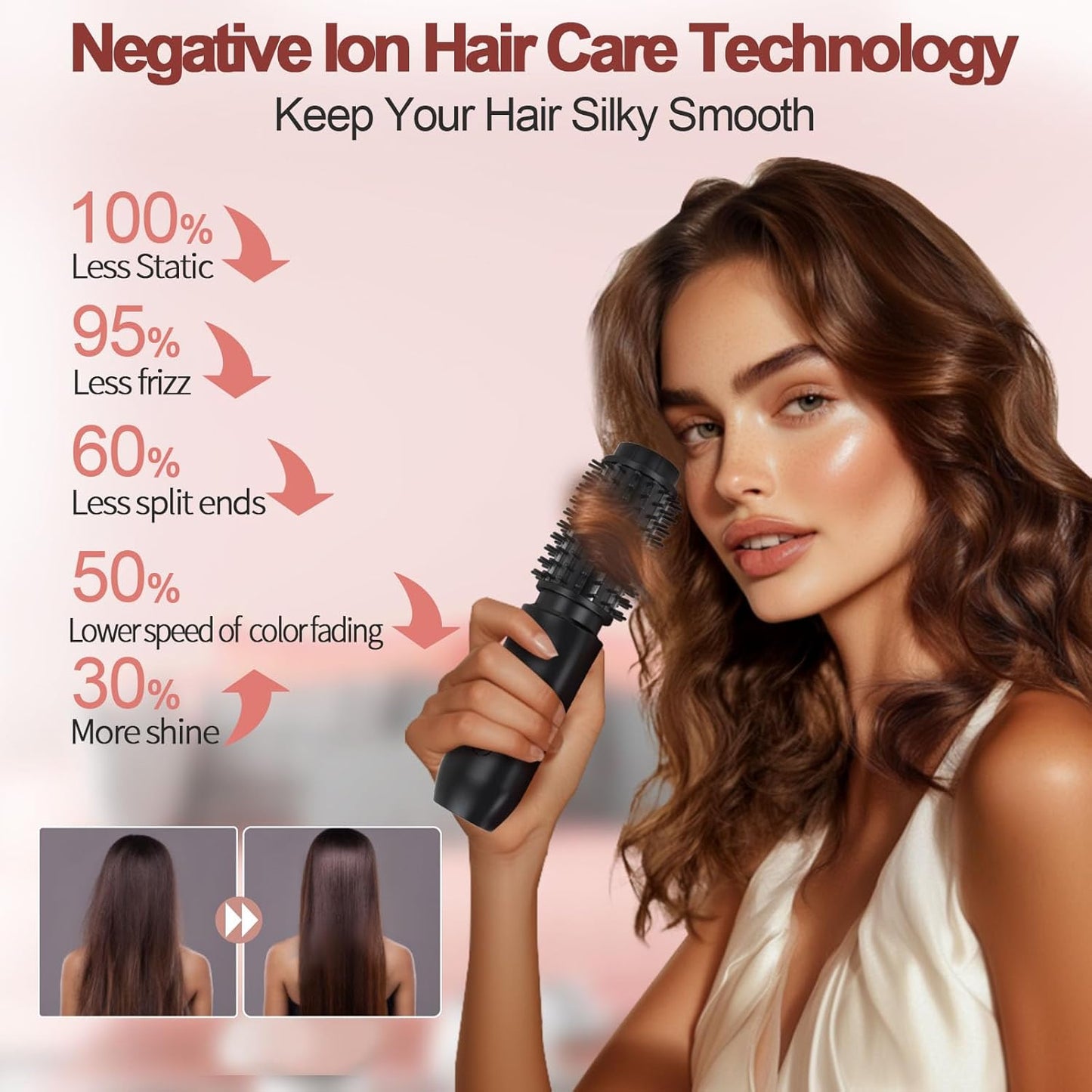 Cordless Hair Curling Iron Brush, Mini Travel Hot Straightener Comb, 3-In-1 Portable Wave Curling Wand, 1.5″ Ionic Heated Brush, USB Rechargeable Hair Curler, All Black –No Automatic Rotation