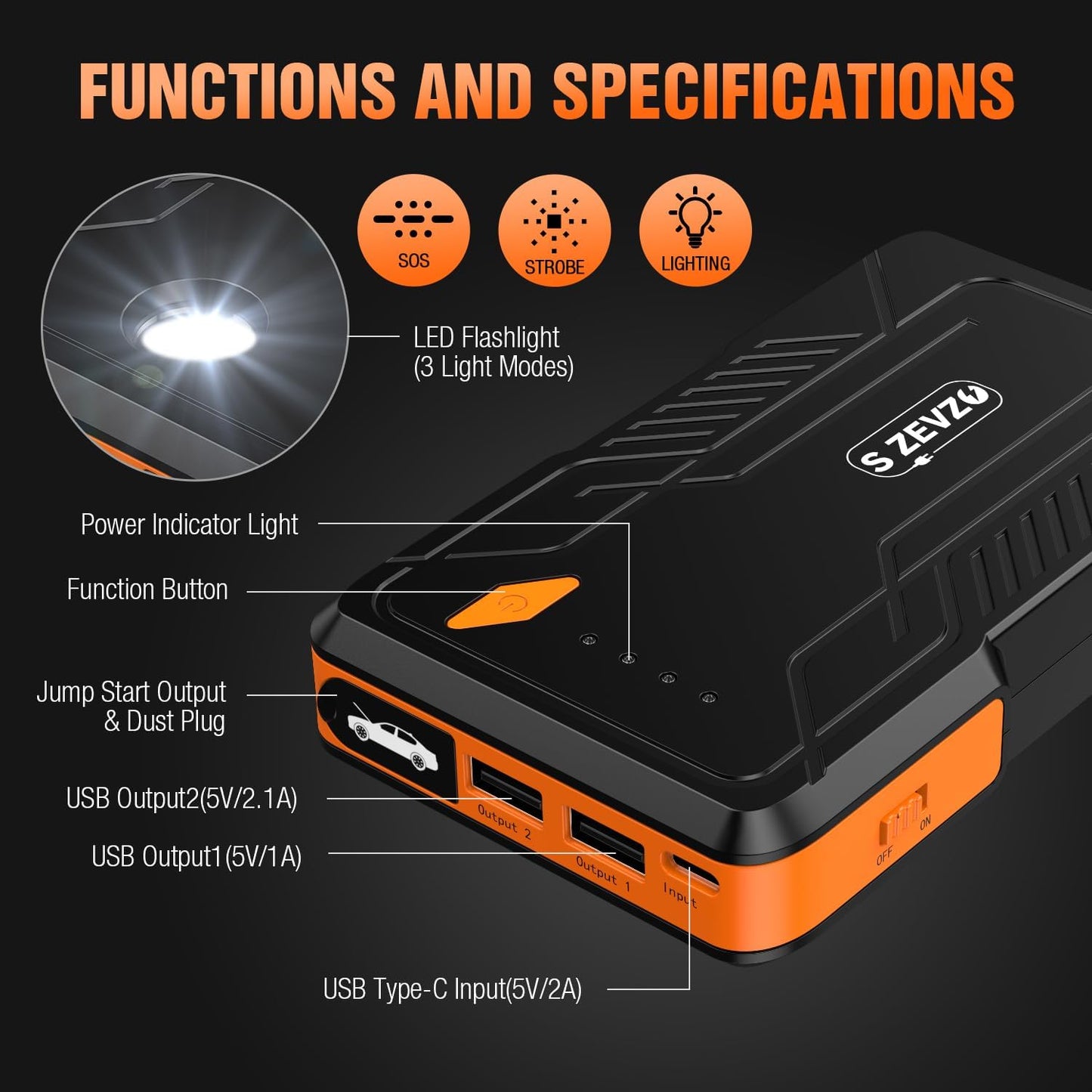 S ZEVZO Jump Starter 1000A Peak Portable Jump Starter for Car (Up to 7.0L Gas/5.5L Diesel Engine) 12V Auto Battery Booster Pack with Smart Clamp Cables, USB Charge, LED Flashlight Jump Box