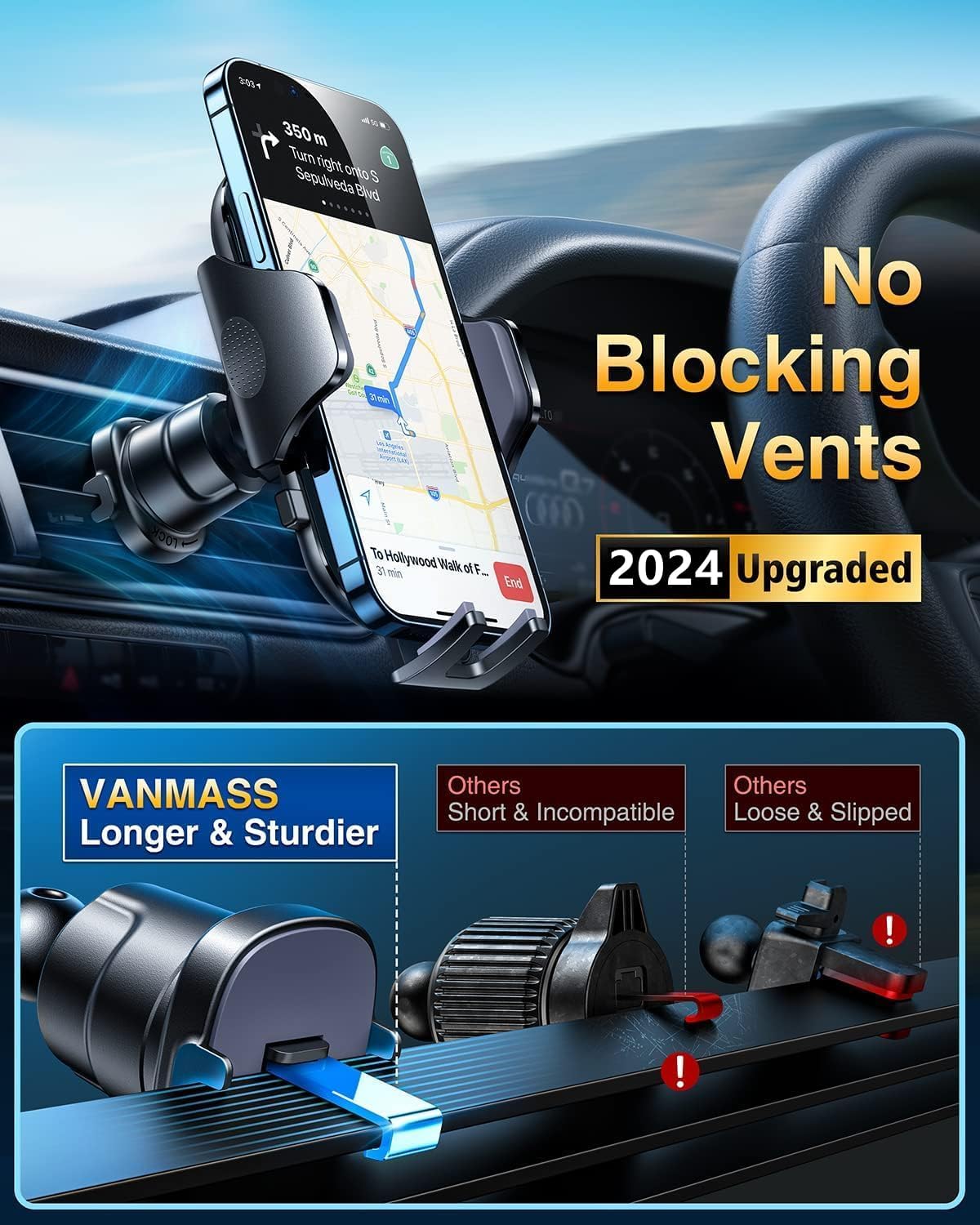 VANMASS [True Military-Grade] Car Phone Holder [Best Suction & Clip] Cell Phone Mount for Dashboard Windshield Vent Truck Cradle Dash Stand for iPhone 15 Pro Max 14 13 12 Android, Red