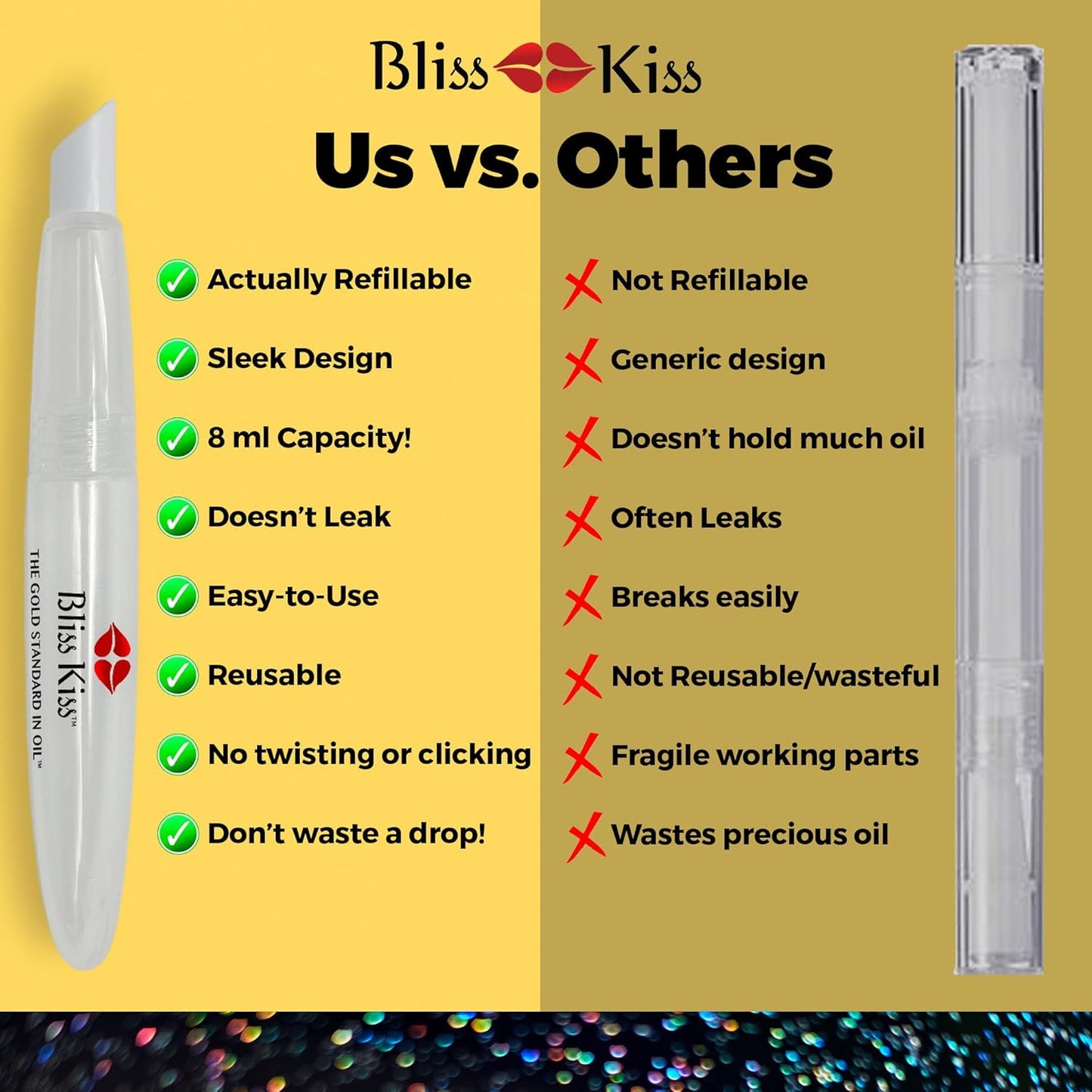 Bliss Kiss Refillable Squeeze Cuticle Oil Pen, Empty 3-Pack, Ideal for Nail Growth Oil and Nail Oil Application
