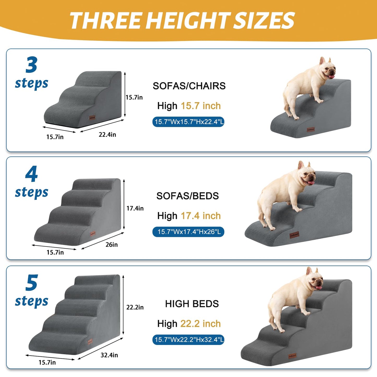 3-Step Dog Ramp and Stairs for Sofa and Chair - Non-Slip Sturdy Pet Steps for Small Dogs and Cats,15.7" H,Grey