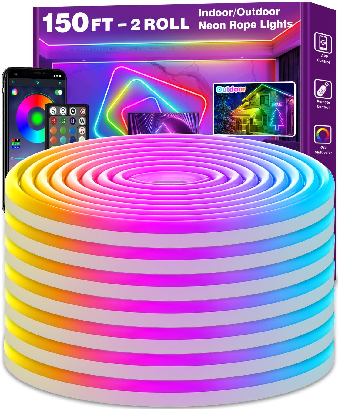 AILBTON 20Ft Neon Rope Lights,Flexible Led Rope Lights Control with App/Remote,Multiple Modes Rope Lights,IP65 Outdoor RGB Led Neon Lights,Music Sync Gaming Led Neons Light Strip for Bedroom Decor