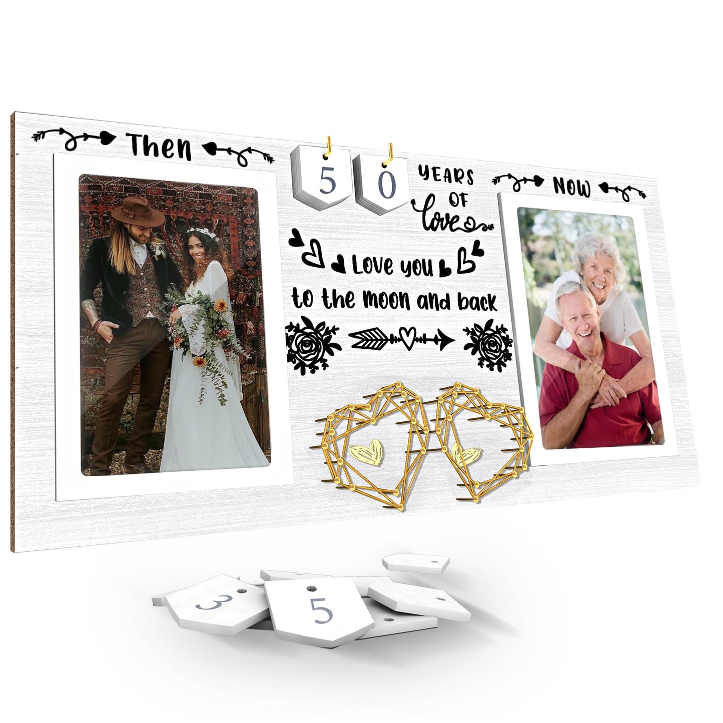 Then & Now Anniversary Picture Frame - 1-99 Years Anniversary Wedding Gift for Couple, Engagement Bridal Shower Gifts for Couples Wood Photo Frame Holds 2 4x6 Inches Photos
