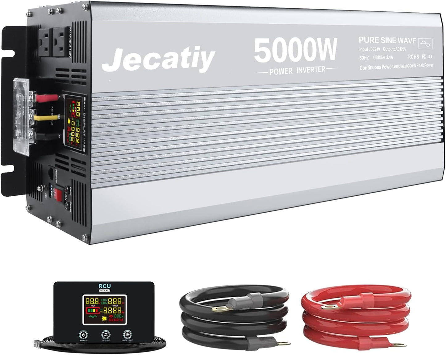 5000 Watt Pure Sine Wave Power Inverter DC 24V to 110V/120V AC Converter with 2 AC,5V 2.4A USB Charging Ports, Car Solar Power Inverters with LCD Display for Home RV Truck