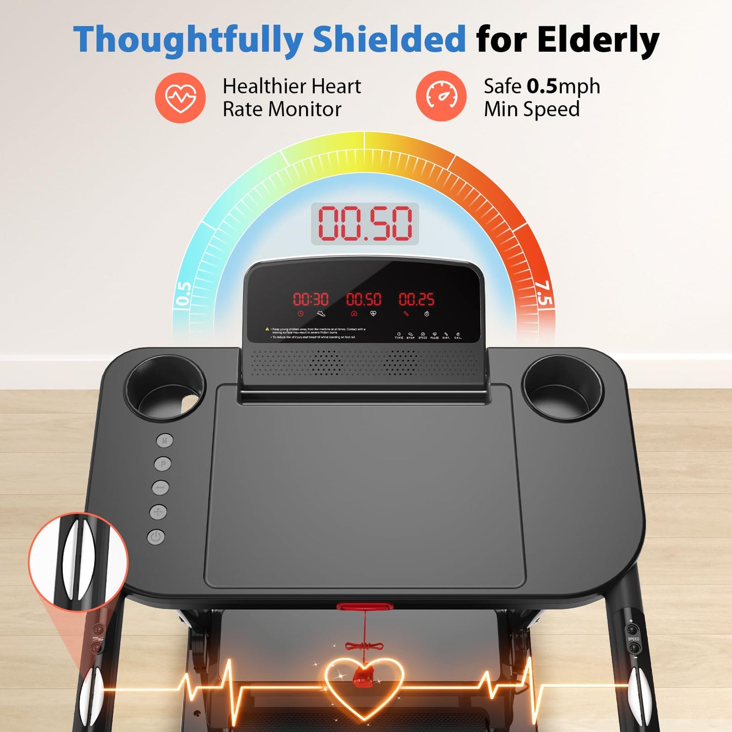 CIIHI Walking Treadmill for Senior - 350 lbs Senior Treadmill for Home with Long Handrails - Recovery Fitness Exercise Machine for Elder with Desk Workstation, Bluetooth Speaker