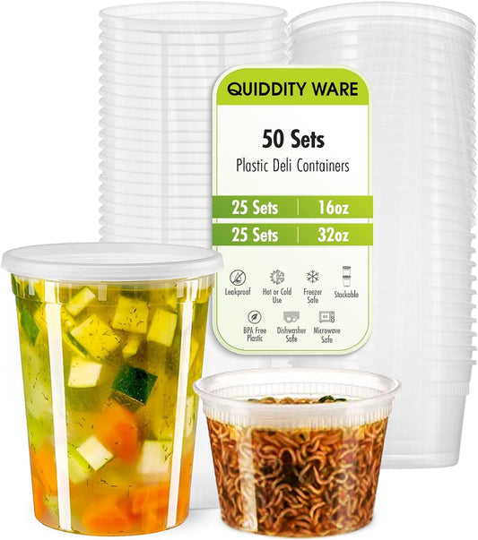 Deli Containers with Lids Leakproof - 50 Pack BPA-Free Plastic Microwaveable Clear Food Storage Container Premium Heavy-Duty Quality, Freezer & Dishwasher Safe (50 Set Combo).