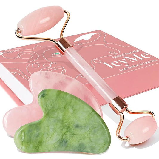 BAIMEI 2 Gua Sha Stones & 1 Rose Quartz Facial Roller Massage Set Skincare Tools