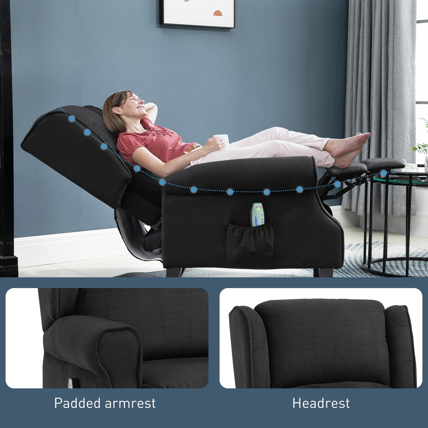 HOMCOM Vibration Massage Recliner Chair for Living Room with Heat, Wingback Single Sofa, Modern Suede Fabric Push Back Reclining Chair with Footrest, Side Pocket, Black