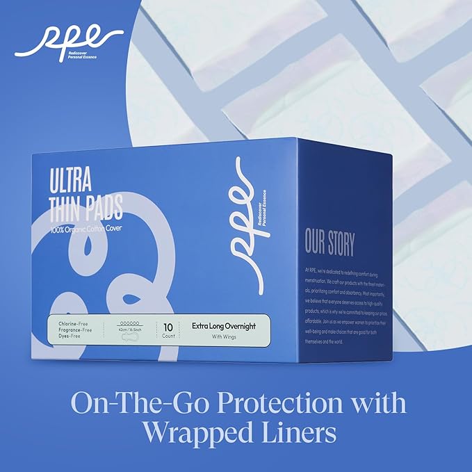 100% Organic Super Long Overnight Pads with Wings, Extra Heavy Sanitary Pad for Women Ultimate Absorbency, Ultra Thin Coverage Cotton Period Menstrual Pads (Extra Long Overnight, Size 6, 10ct)
