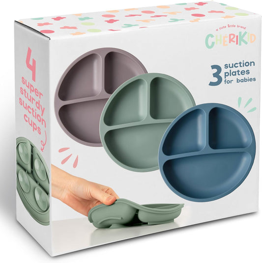 ChériKid Suction Plates for Baby, Toddlers - FEATURES SUPER STRONG QUADRUPLE SUCTION - 100% Food Grade Silicone Toddler Plates with Suction - Unbreakable Divided Kids Baby Plates