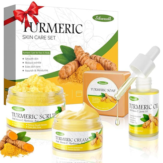 Turmeric Skin Care Set with Vitamin C, Turmeric Skincare Set Christmas Gifts for Women, Skin Care Kit for Anti-Aging Hydrating, Skincare Gift Set with Turmeric Soap Bar & Scrub, Turmeric Oil & Cream