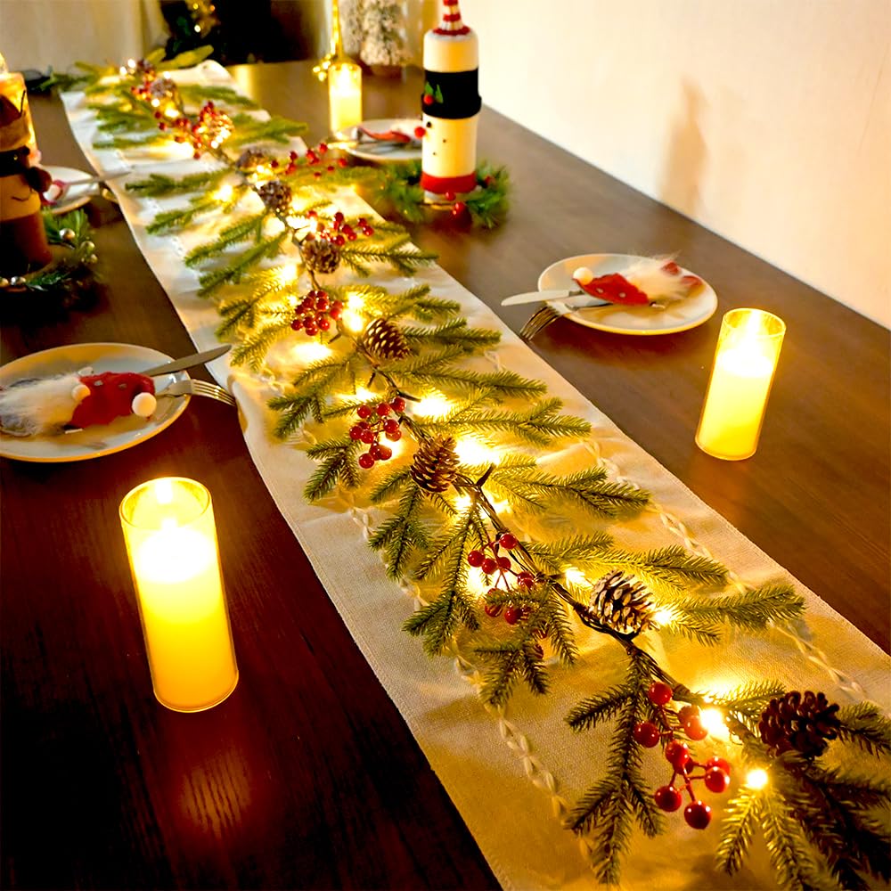 Superior Christmas Garland 6.56 FT 40 Rice LED Pine Garlands with Lights Battery Operated with Timer 8 Flash Modes Christmas Decoration for Mantle Fireplace Indoor Outdoor Holiday Home Xmas Decor