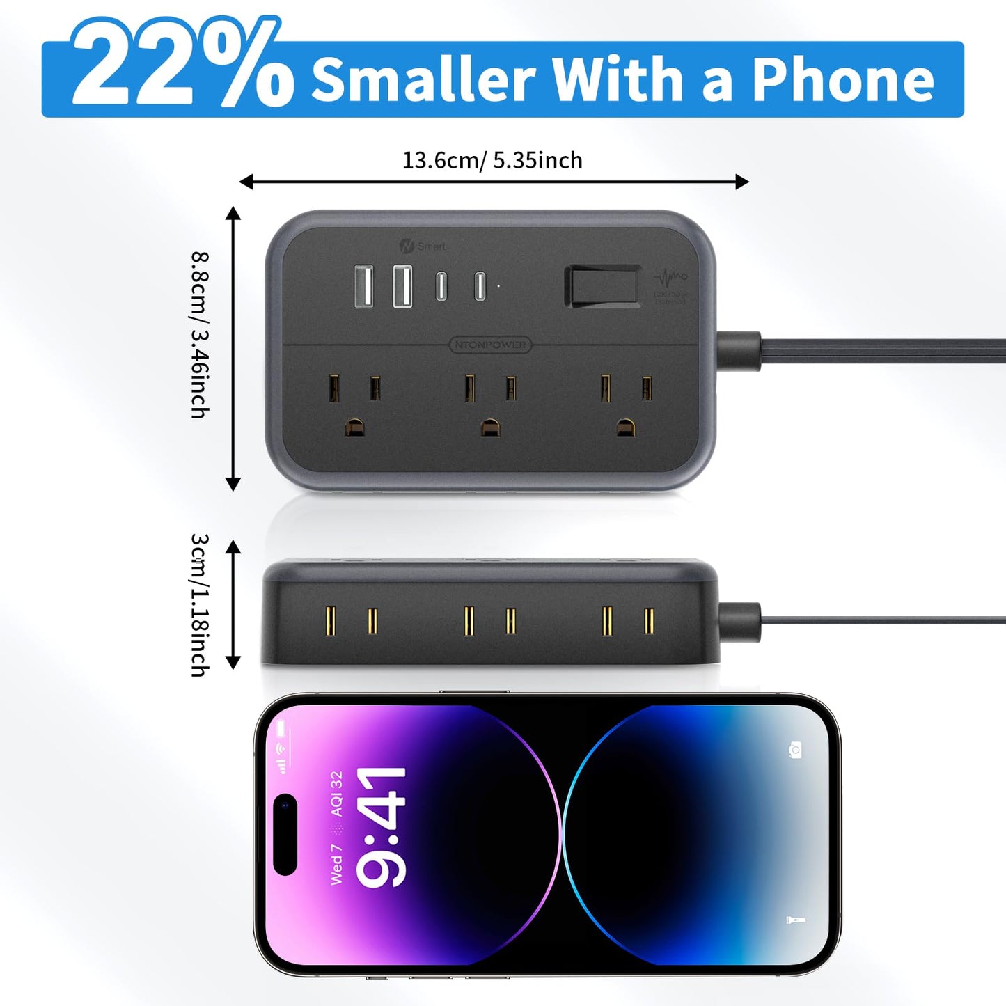 NTONPOWER Surge Protector Power Strip with 6 Outlets 4 USB Charging Station(2 USB C Port), 5 Ft Flat Extension Cord, Outlet Extender for Indoor, Home, Office Supplies, Dorm Room Essentials, Black