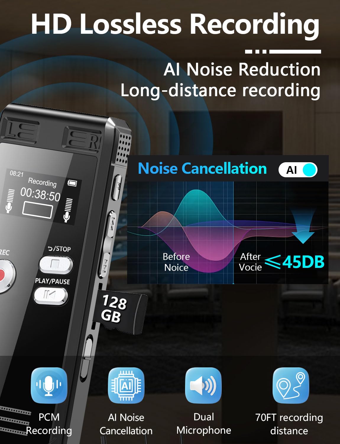 128GB Digital Voice Recorder With Playback - 3072 Kbps HD Voice-Activated Recording and Noise-Canceling, Audio Device for Lectures Meetings, A-B Repeat, MP3 Player
