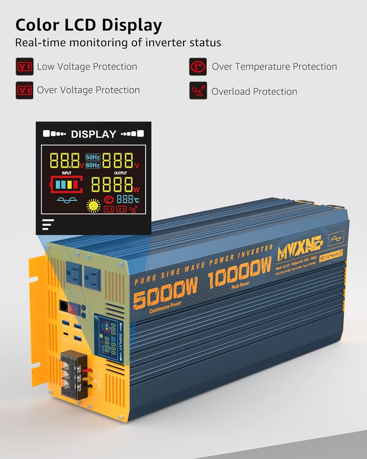 5000 Watt Power Inverter Pure Sine Wave 12V DC to 110V 120V 10000W Peak Heavy Duty Inverter with Remote Control and LED Display, 4 USB/Type-C Ports & 2 AC Outlets Car Charger for Vehicles RV