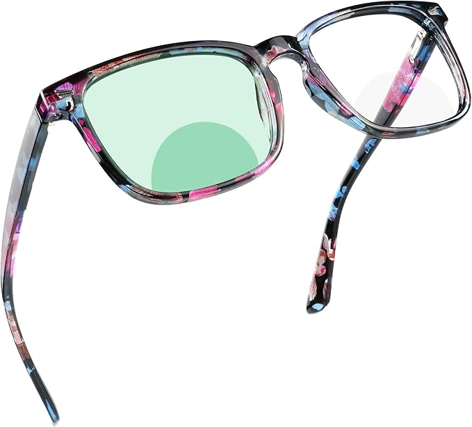 YEIN Bifocal Reading Glasses with Blue Light Blocking Lenses, Bifocal Reader for Women, Vintage Square frame with Spring Hinge (+0.00/+1.50 magnification)