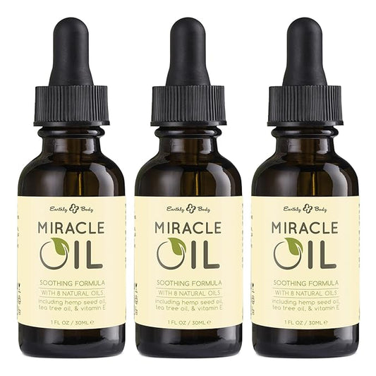 Earthly Body Miracle Oil, 1 fl. oz. - 3 Pack - 100% Natural Tea Tree Oil, Hemp Seed Oil & Vitamin E - Moisturizer, Calms Skin Irritations, Helps Smooth Wrinkles - Gluten Free, 100% Vegan