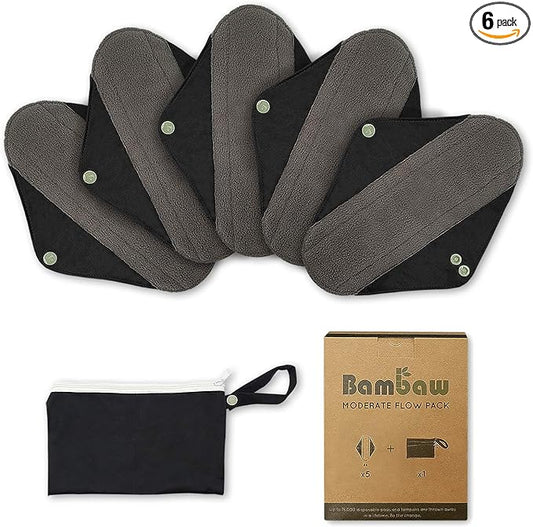 Bambaw Reusable Menstrual Pads With Discreet Pouch | Medium Flow Sanitary Pads | Zero Waste and Environmentally Friendly | Cloth Period Pad Set