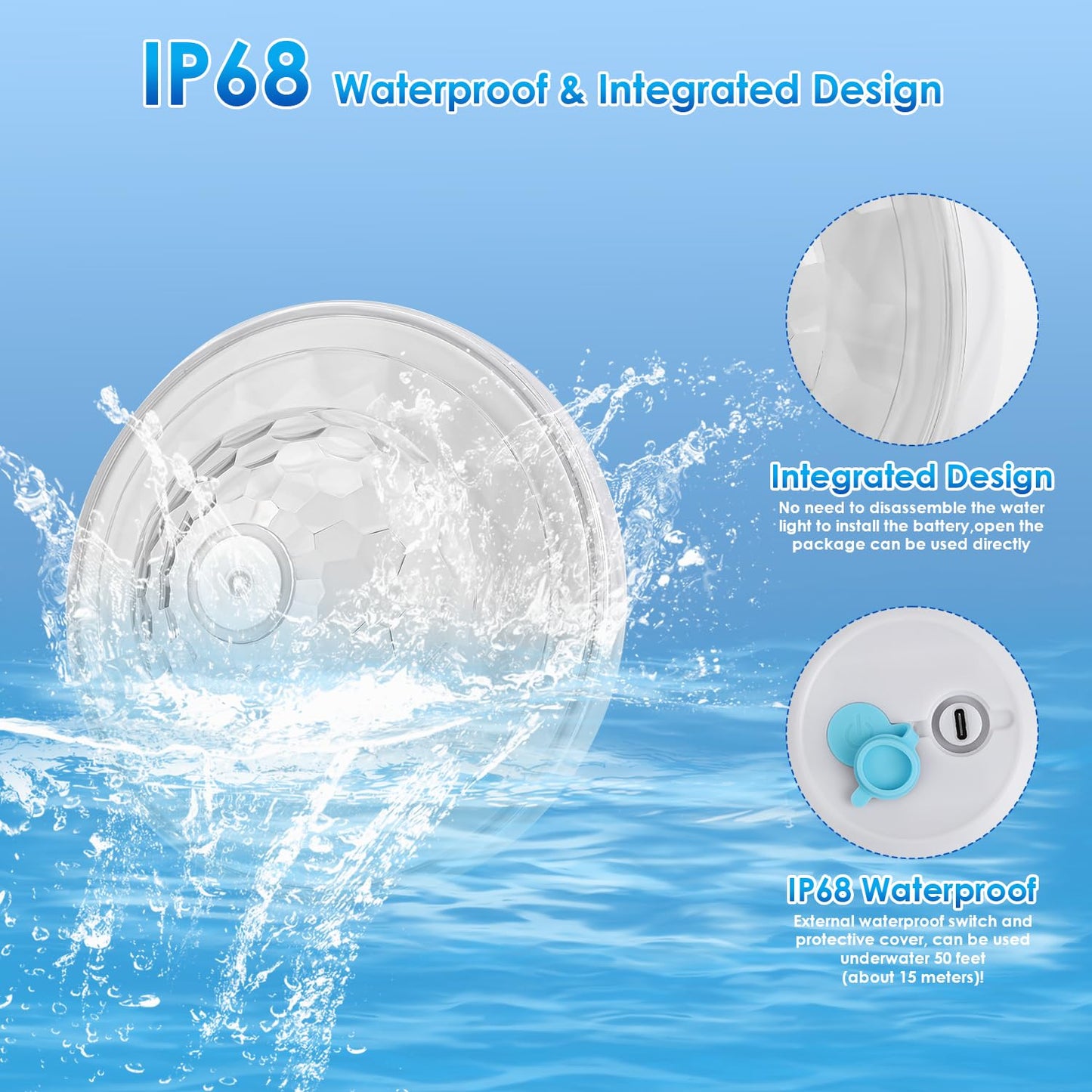QOLNBY Floating Pool Lights, Rechargeable Pool Lights with 6 Dynamic Lighting Effects, Upper and Lower Color Changing Floating Light, IP68 Waterproof Lights for Pools, Hot Tubs, Fountain 1 Pack
