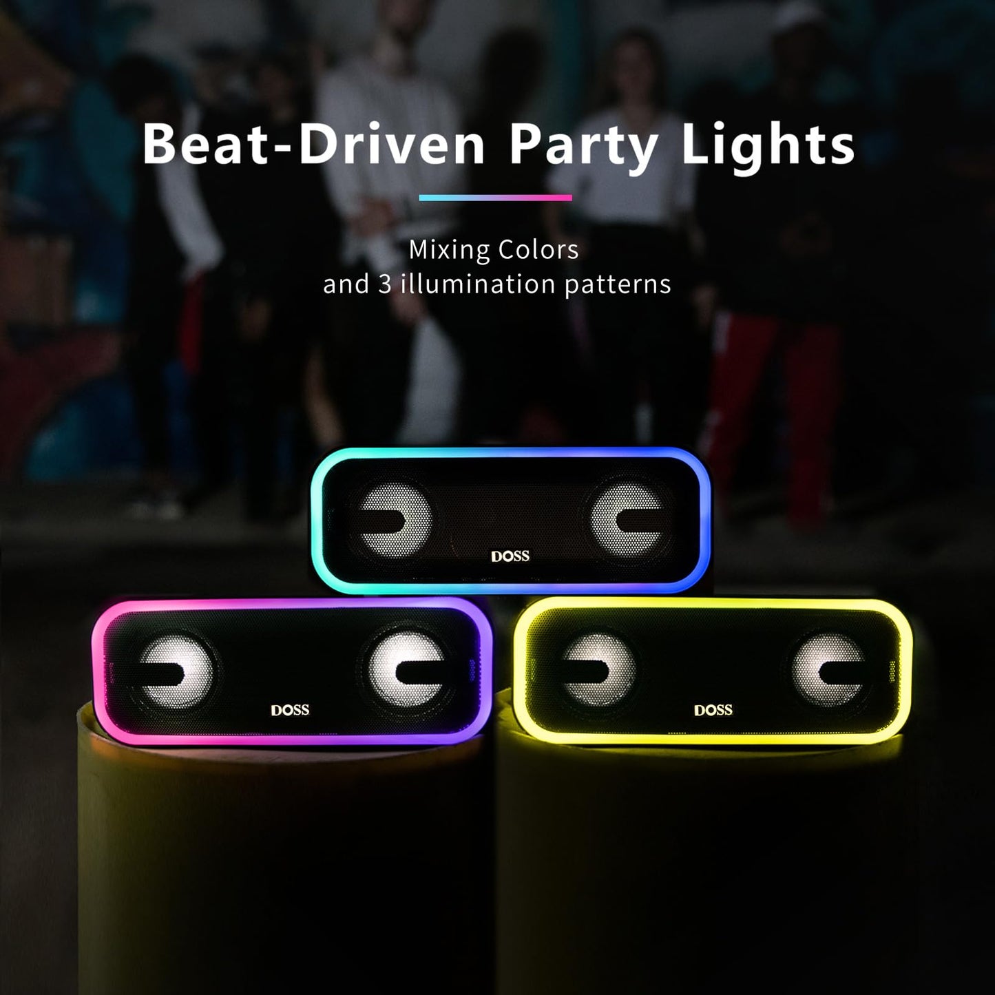 DOSS SoundBox Pro+ Bluetooth Speaker with 24W Impressive Sound, Booming Bass, IPX6 Waterproof, 15Hrs Playtime, Wireless Stereo Pairing, Mixed Colors Lights, 66 FT- Blue