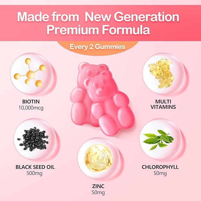 Black Seed Oil Gummies with Biotin, Immune Support Healthy Hair&Skin&Nails for Women and Men, Chlorophyll, Zinc, Vitamin A, B6, B12, C, D, E, Vegan Supplement - 60 Gummies